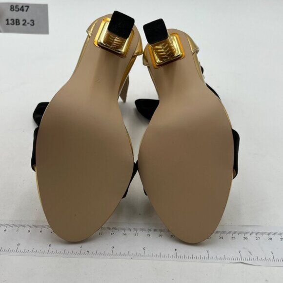 FSJ Gold Leaf Gold Metal Chain Chunky High Heels Ankle Strap Open Toe Sandals - Picture 7 of 8